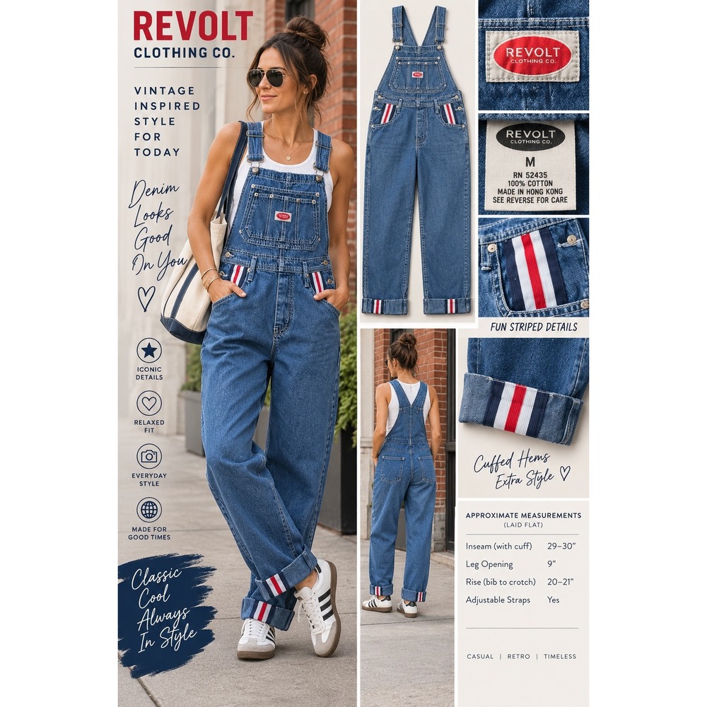 Revolt Clothing Co Denim Overalls Womens M Blue Striped Cuff Bib 90s Y2K Retro
